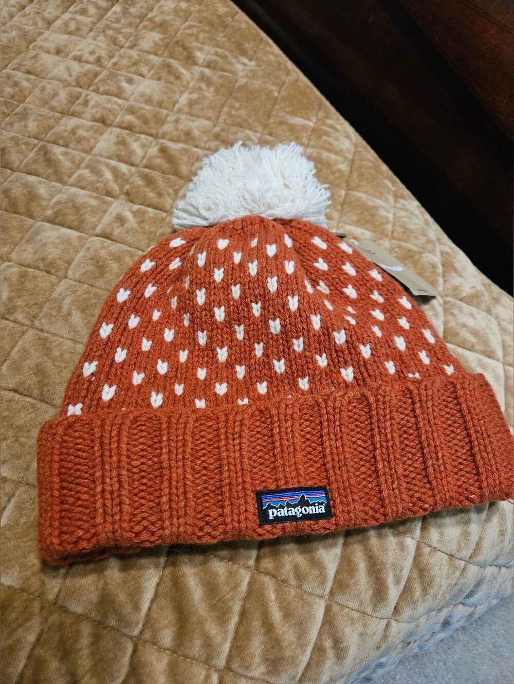 Patagonia  70% Wool Rust Orange Knit Beanie with White Pom